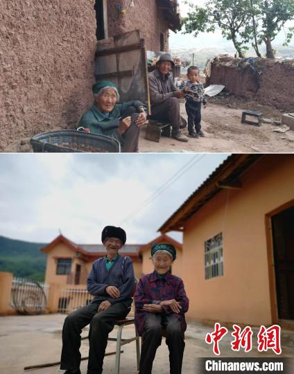 上圖為甲甲溝村村民羅木你坡夫婦所住的舊房，下圖為夫婦倆遷入的新居。(拼版圖) 張浪 攝