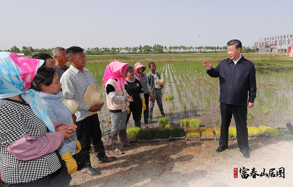 2020年6月9日，習(xí)近平在寧夏回族自治區(qū)銀川市賀蘭縣稻漁空間鄉(xiāng)村生態(tài)觀光園，同正在勞作的村民親切交談。
