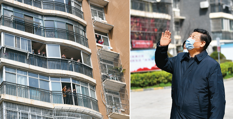 2020年3月10日，習(xí)近平專門赴湖北省武漢市考察新冠肺炎疫情防控工作。這是習(xí)近平在東湖新城社區(qū)考察時(shí)，向在家隔離居住的居民揮手致意、表示慰問（拼版照片）