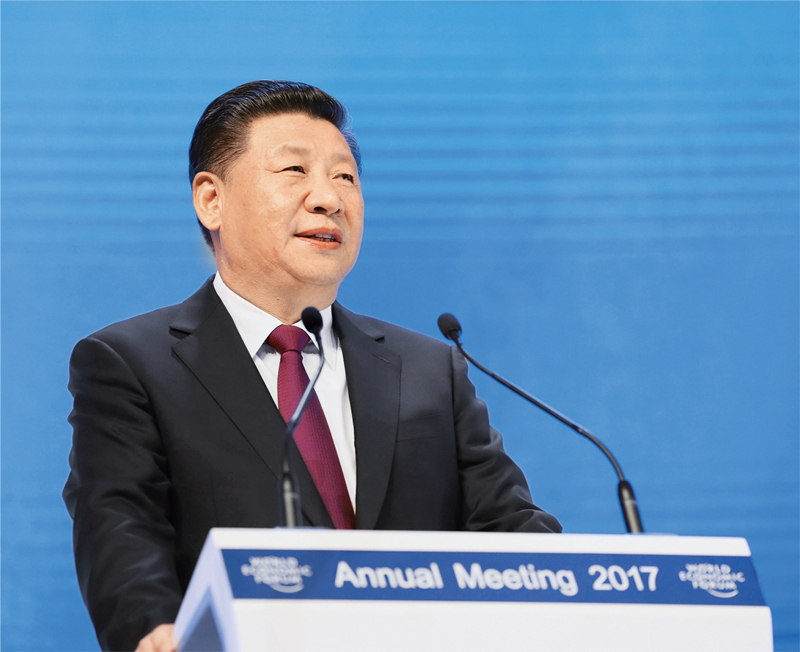 2017年1月17日，習(xí)近平主席在瑞士達(dá)沃斯國(guó)際會(huì)議中心出席世界經(jīng)濟(jì)論壇2017年年會(huì)開幕式，并發(fā)表題為《共擔(dān)時(shí)代責(zé)任 共促全球發(fā)展》的主旨演講。